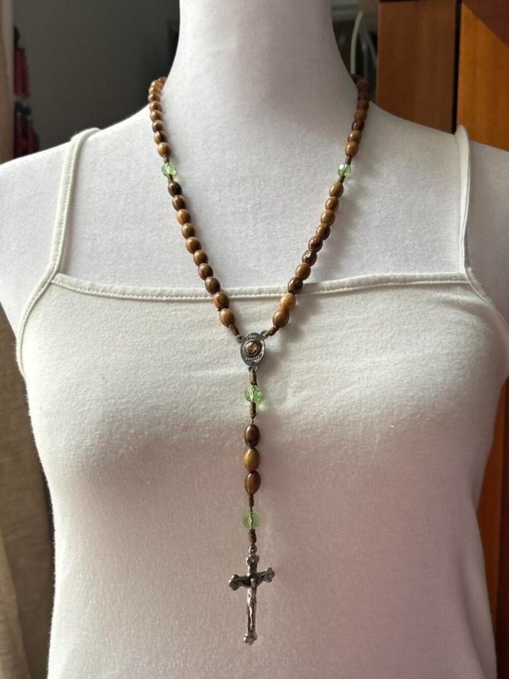 Olivewood Rosary with Green Faceted Beads made in Jerusalem